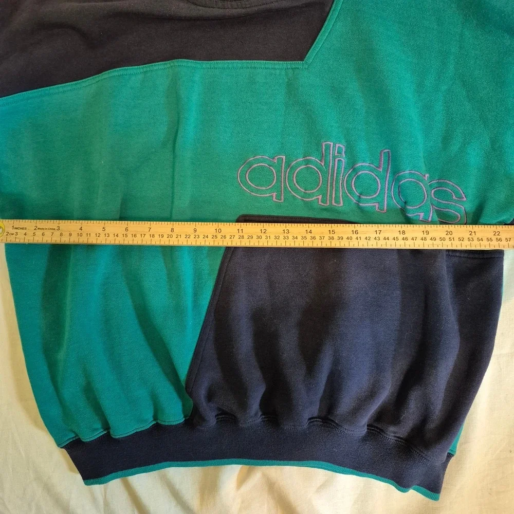 Vintage Adidas Sweatshirt L Teal Colorblock 90s Mock Neck Trefoil Spellout Retro